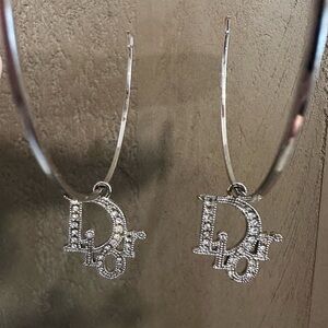 Dior Silver Crystal 'Dior' Logo Drop Hoop Earrings